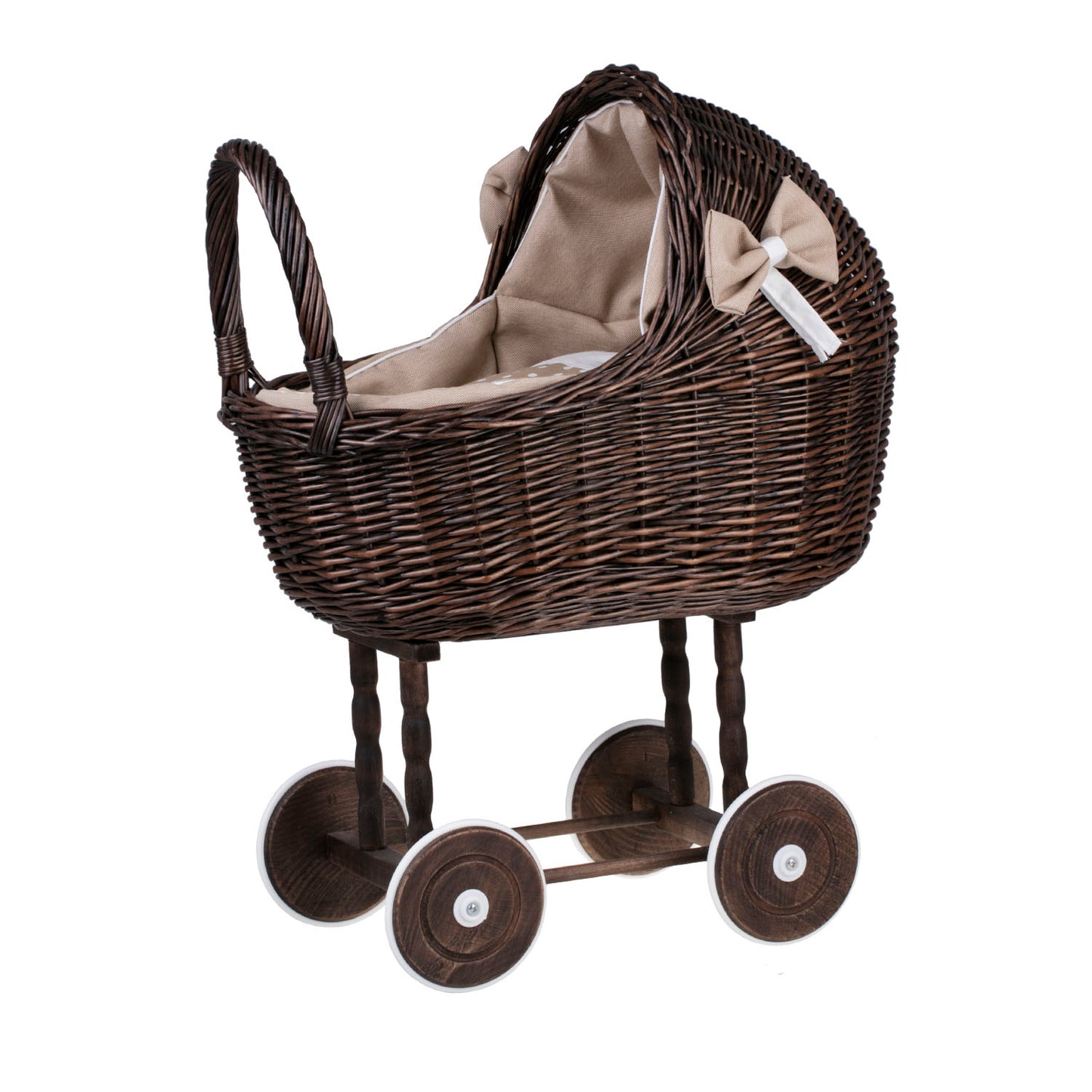 Lena wiklinowy wózek dla lalek z beżowym obszyciem, kołderką i poduszką TheWickerStories