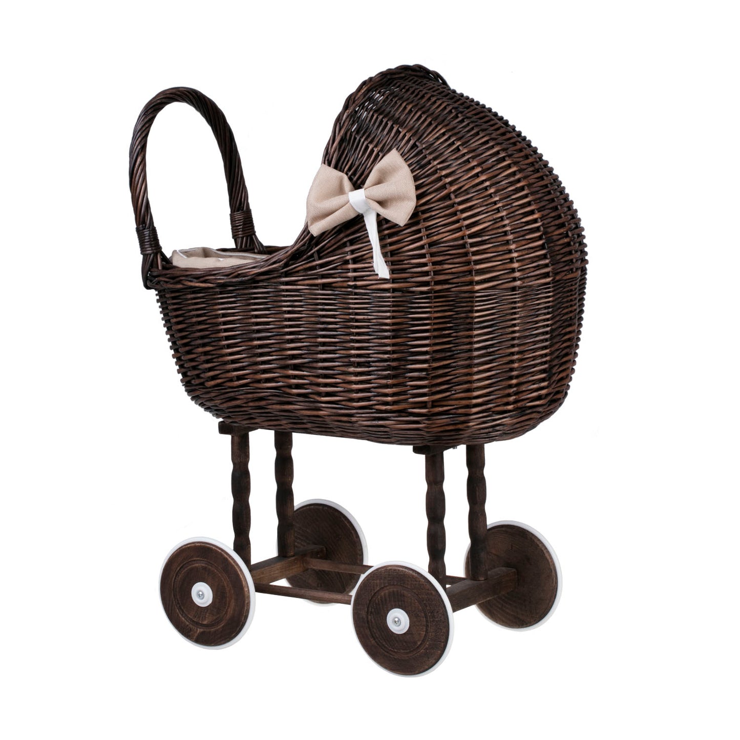 Lena wiklinowy wózek dla lalek z beżowym obszyciem, kołderką i poduszką TheWickerStories