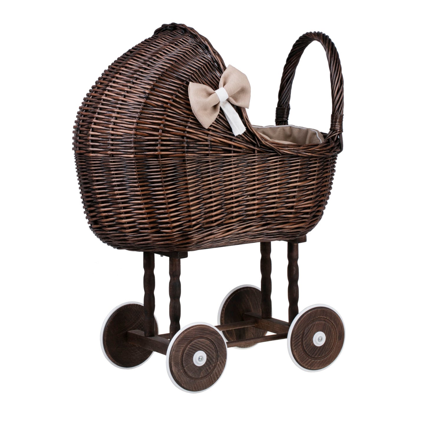 Lena wiklinowy wózek dla lalek z beżowym obszyciem, kołderką i poduszką TheWickerStories