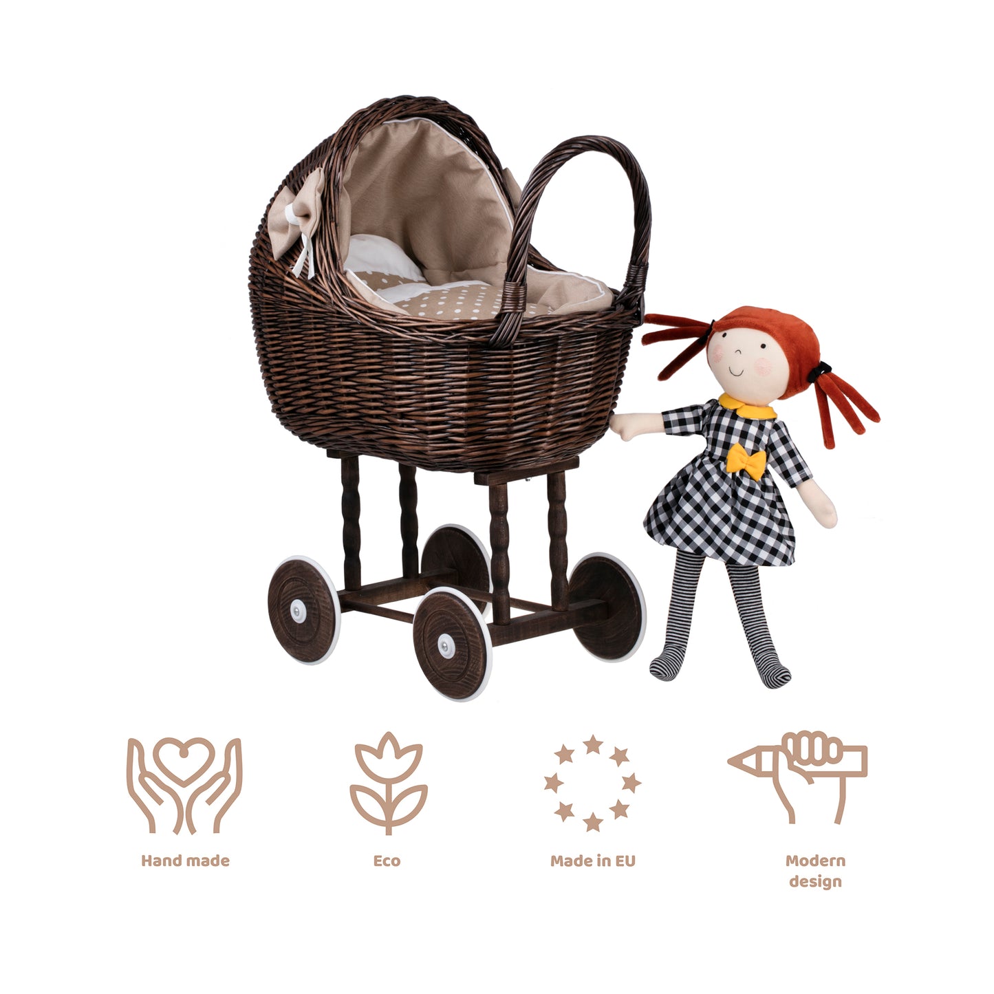 Lena wiklinowy wózek dla lalek z beżowym obszyciem, kołderką i poduszką TheWickerStories