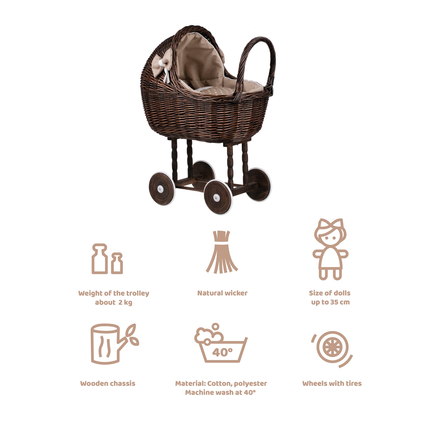 Lena wiklinowy wózek dla lalek z beżowym obszyciem, kołderką i poduszką TheWickerStories