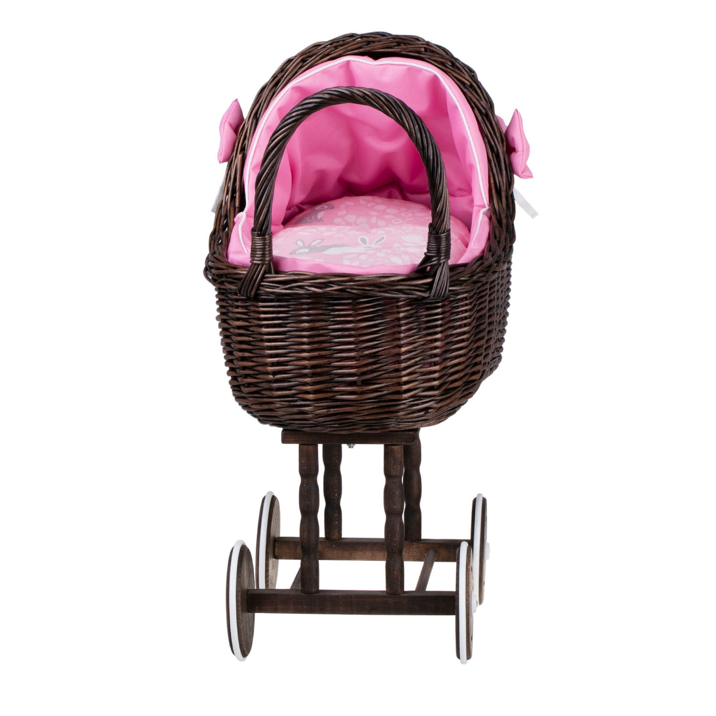 Lena wiklinowy wózek dla lalek z różowym obszyciem, kołderką i poduszką TheWickerStories