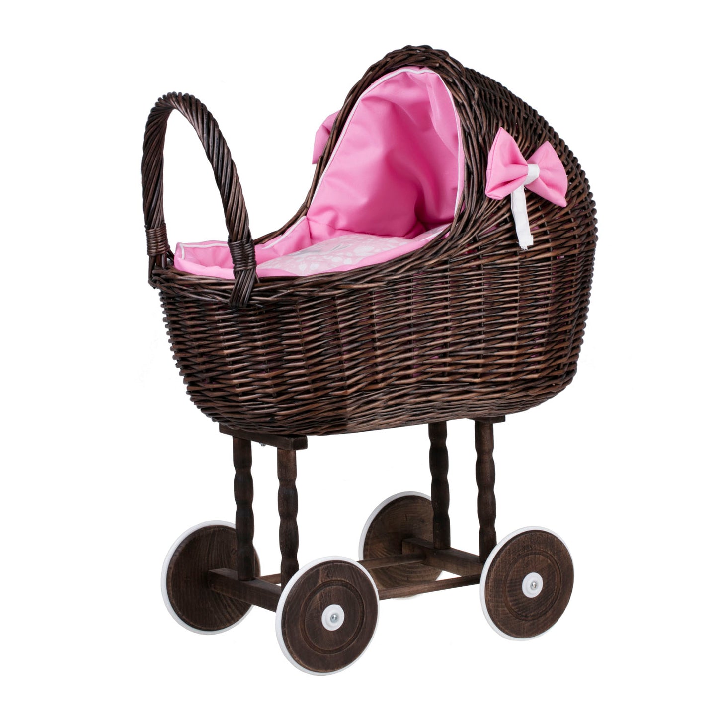 Lena wiklinowy wózek dla lalek z różowym obszyciem, kołderką i poduszką TheWickerStories