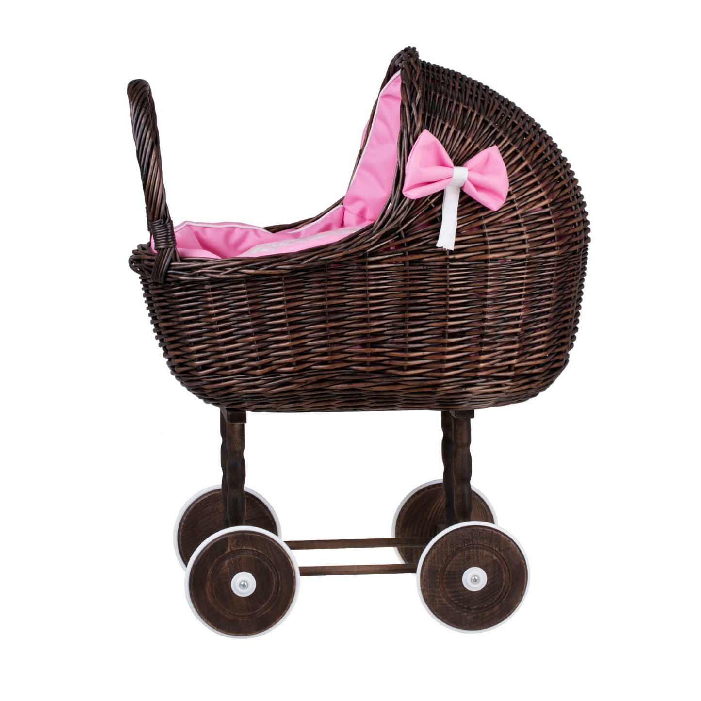 Lena wiklinowy wózek dla lalek z różowym obszyciem, kołderką i poduszką TheWickerStories