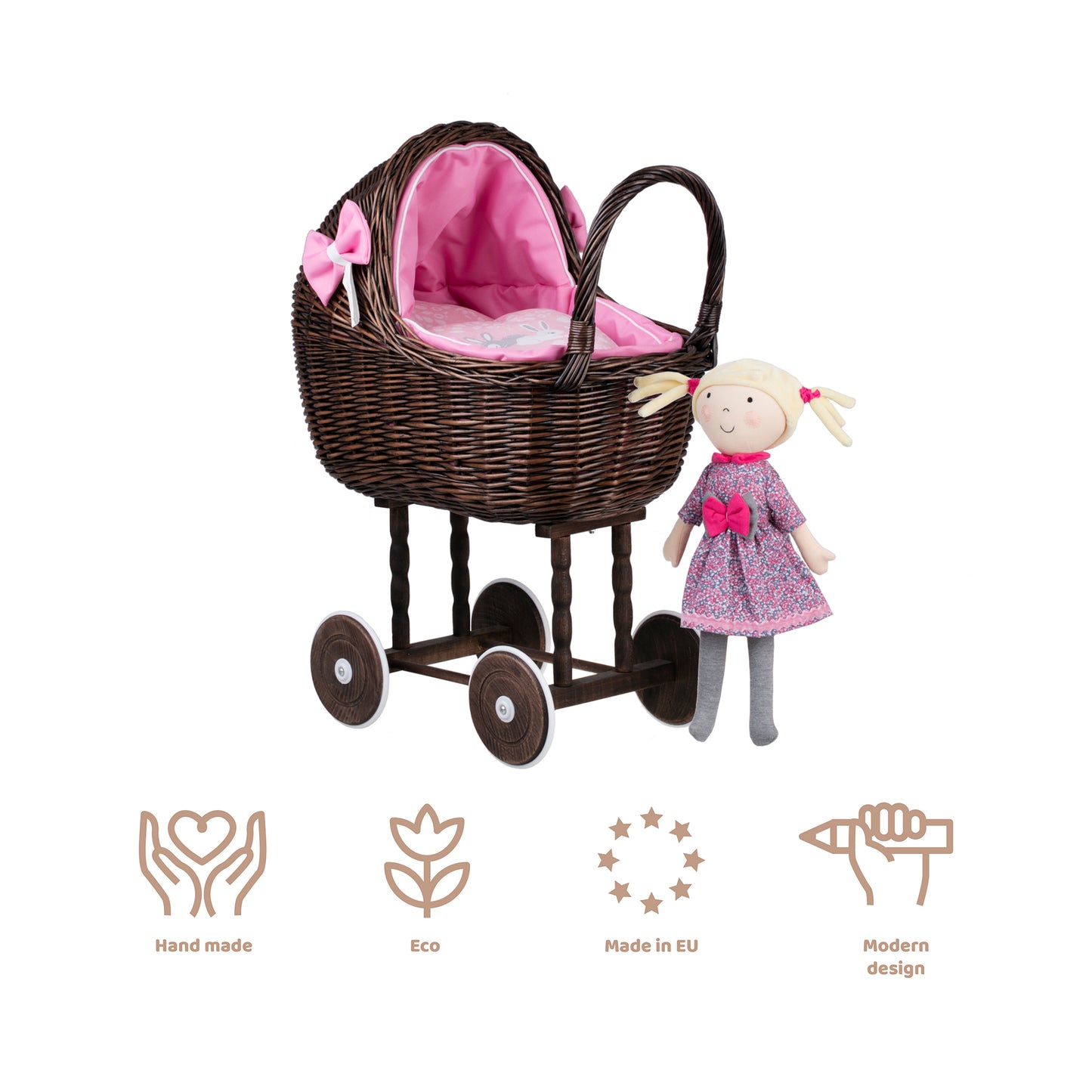 Lena wiklinowy wózek dla lalek z różowym obszyciem, kołderką i poduszką TheWickerStories