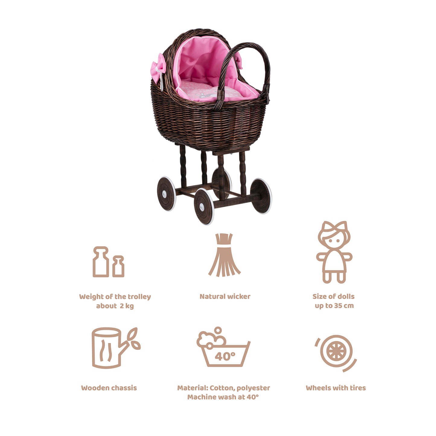 Lena wiklinowy wózek dla lalek z różowym obszyciem, kołderką i poduszką TheWickerStories