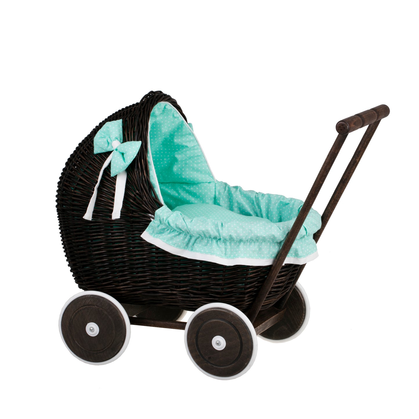 Lili wiklinowy wózek dla lalek z miętowym obszyciem, kołderką i poduszką TheWickerStories