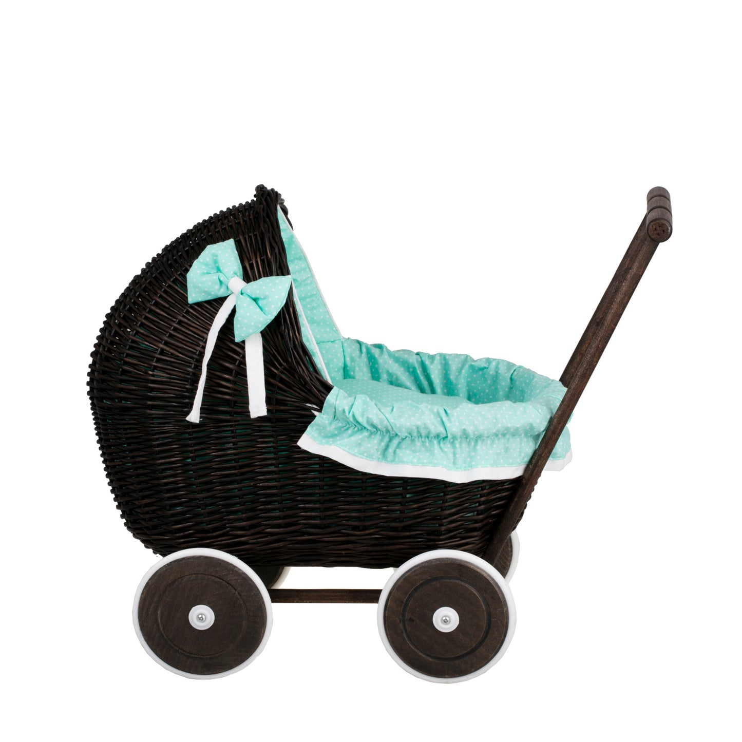 Lili wiklinowy wózek dla lalek z miętowym obszyciem, kołderką i poduszką TheWickerStories