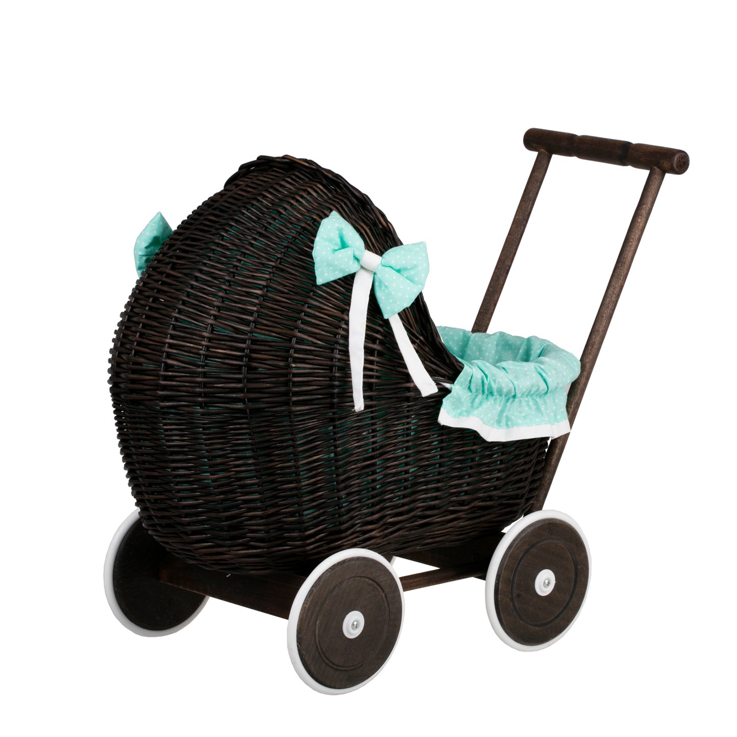 Lili wiklinowy wózek dla lalek z miętowym obszyciem, kołderką i poduszką TheWickerStories