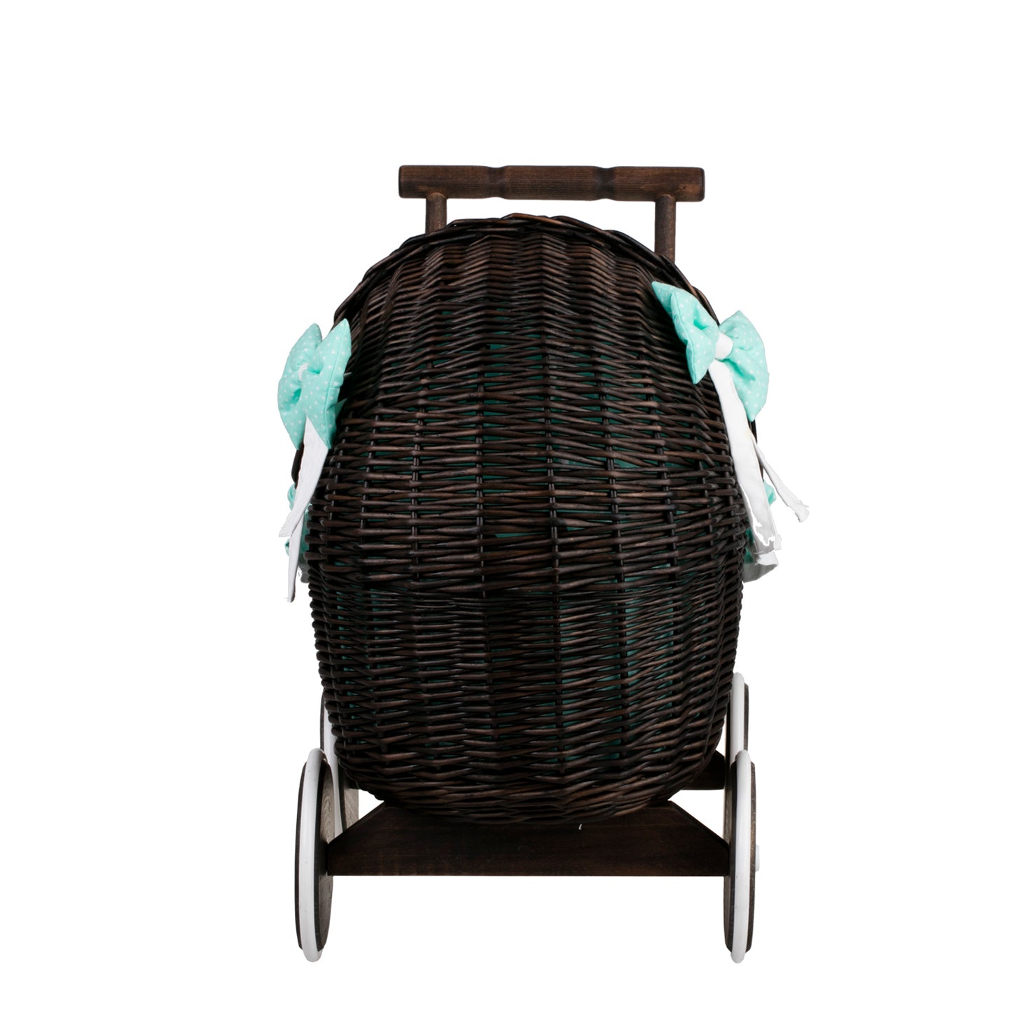 Lili wiklinowy wózek dla lalek z miętowym obszyciem, kołderką i poduszką TheWickerStories