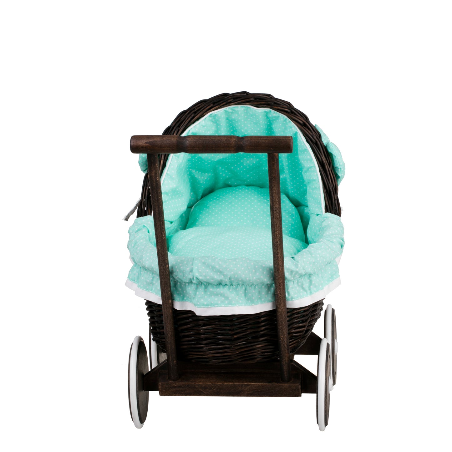 Lili wiklinowy wózek dla lalek z miętowym obszyciem, kołderką i poduszką TheWickerStories