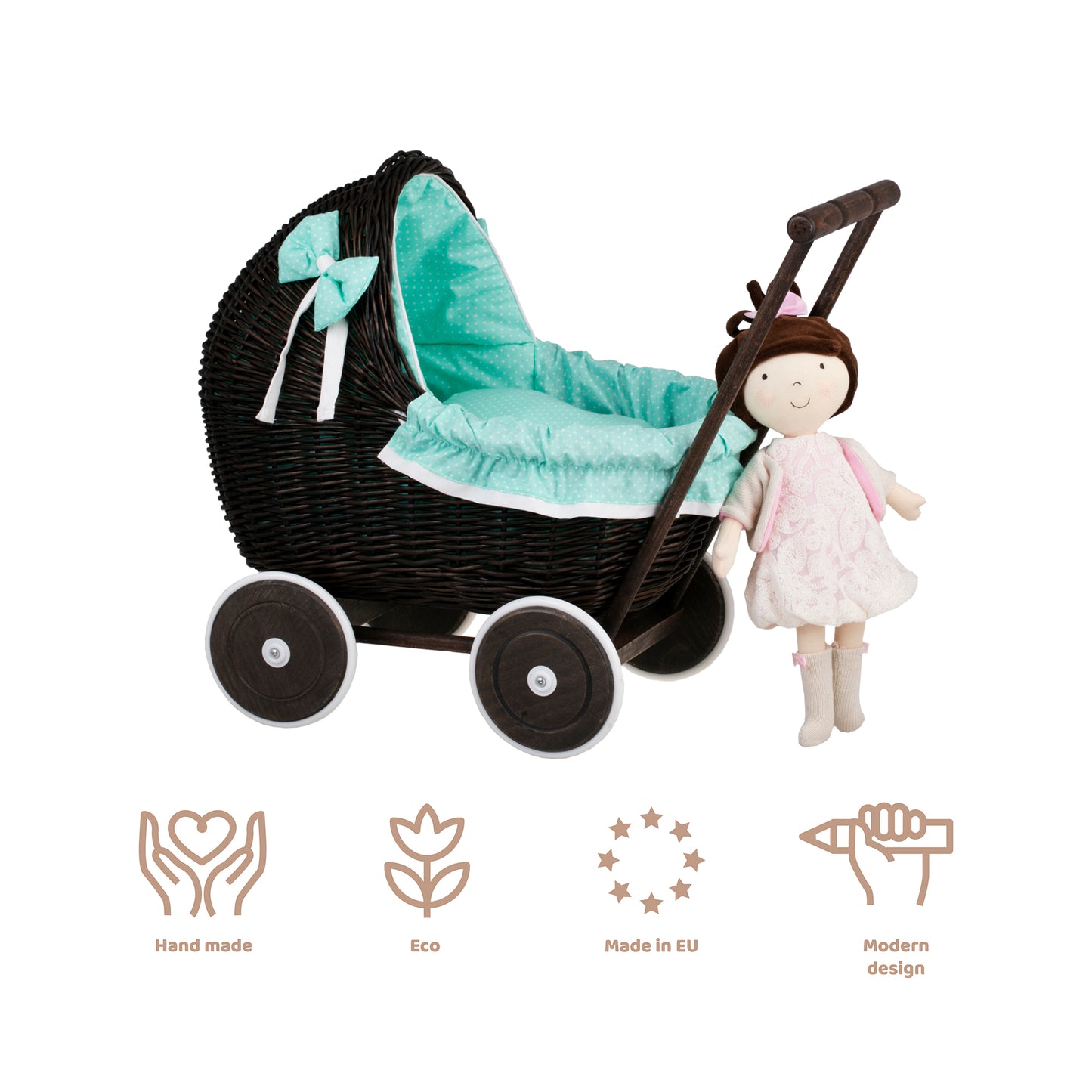 Lili wiklinowy wózek dla lalek z miętowym obszyciem, kołderką i poduszką TheWickerStories