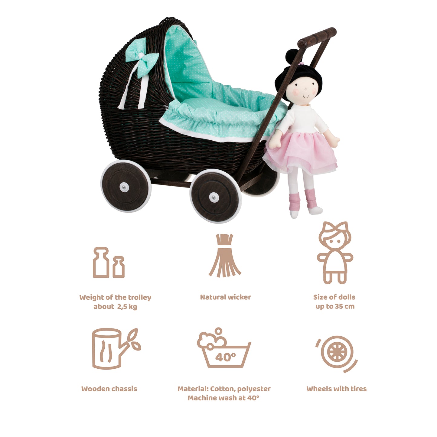 Lili wiklinowy wózek dla lalek z miętowym obszyciem, kołderką i poduszką TheWickerStories