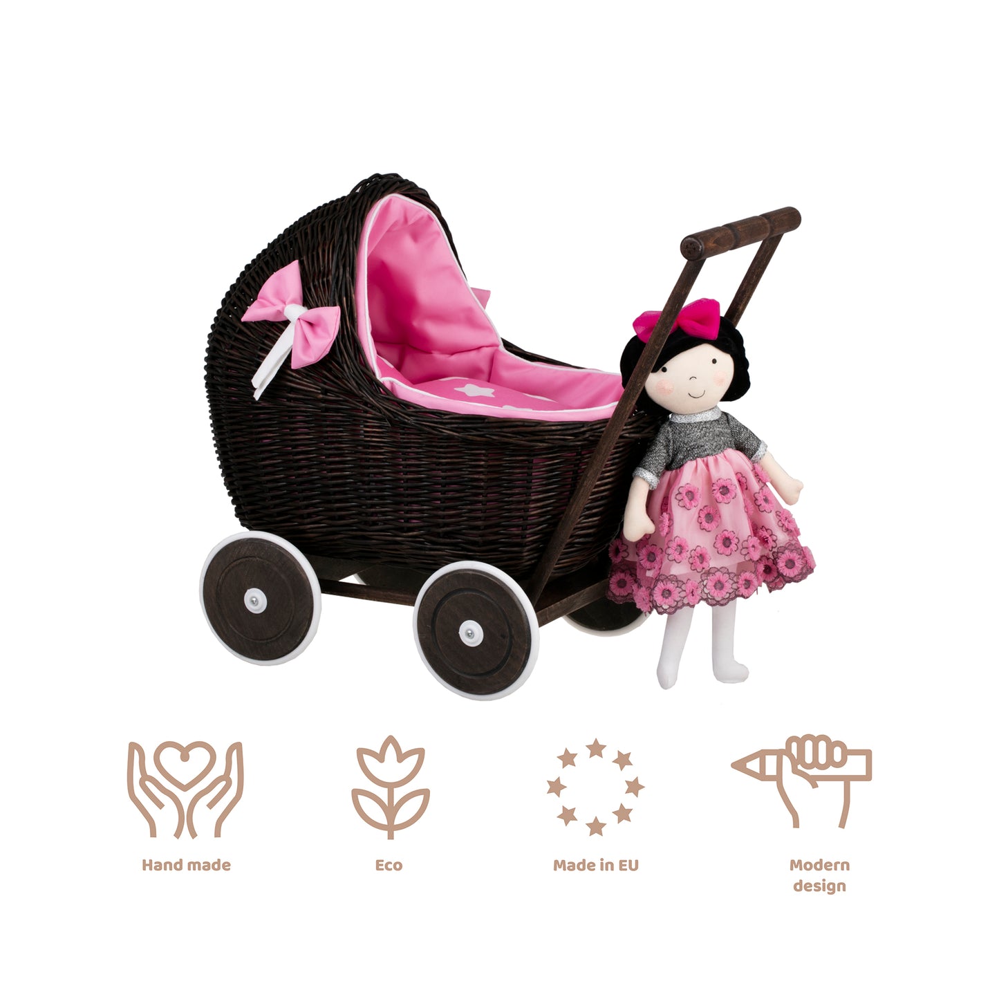 Lili wiklinowy wózek dla lalek z różowym obszyciem, kołderką i poduszką TheWickerStories