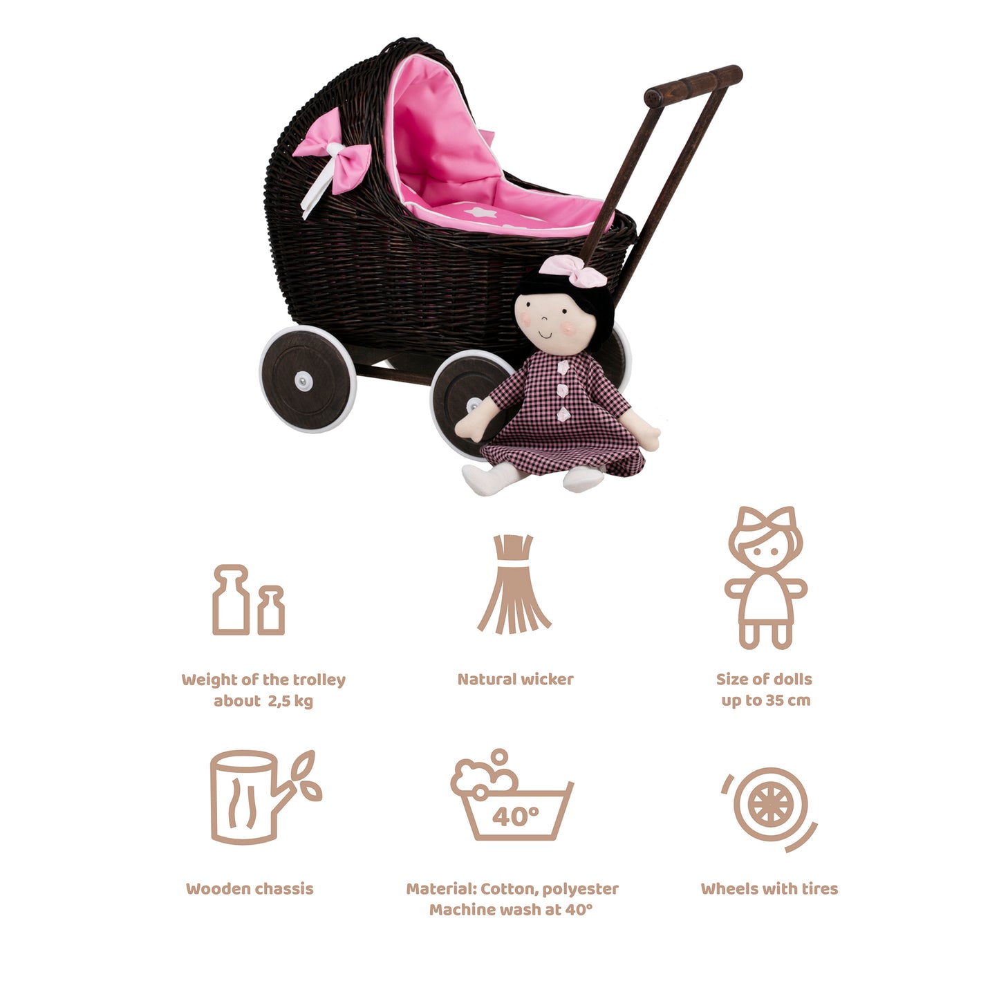 Lili wiklinowy wózek dla lalek z różowym obszyciem, kołderką i poduszką TheWickerStories
