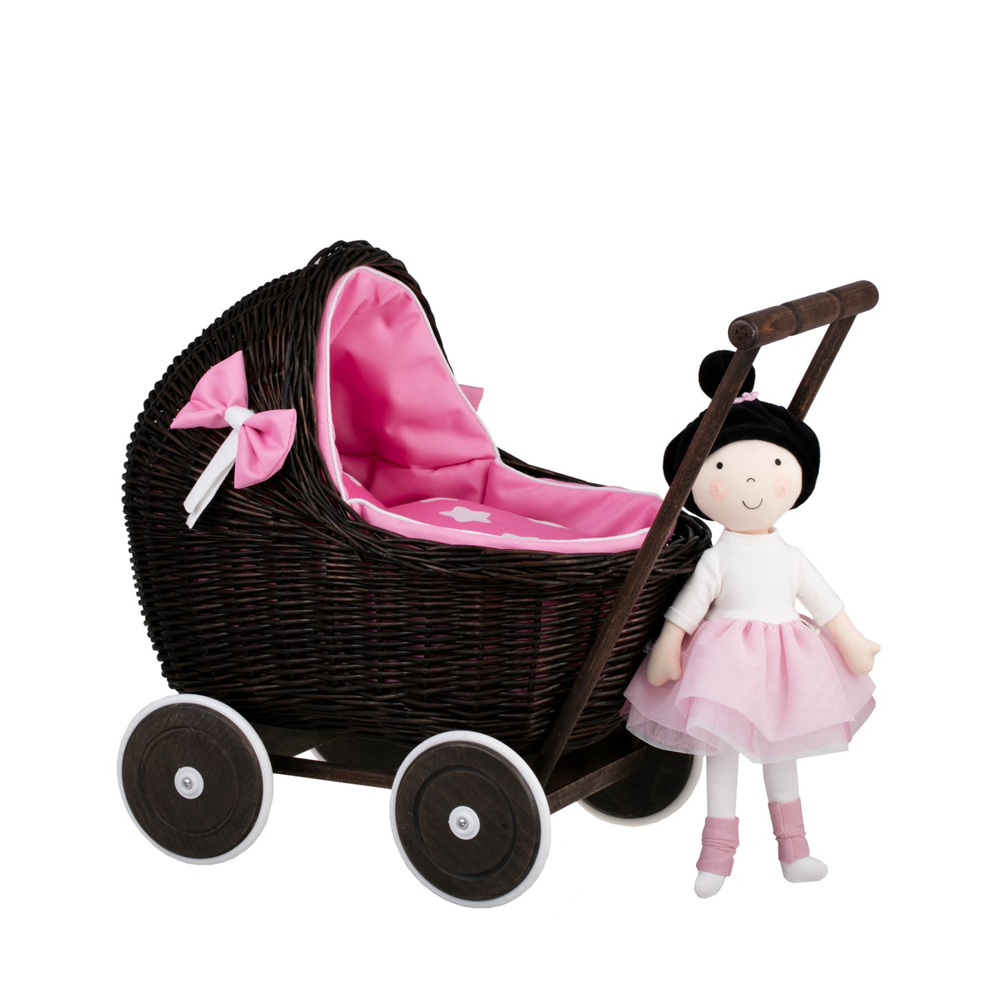 Lili wiklinowy wózek dla lalek z różowym obszyciem, kołderką i poduszką TheWickerStories