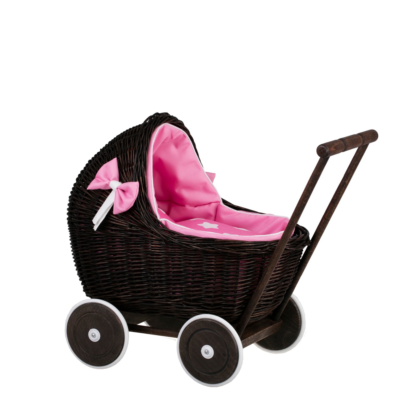 Lili wiklinowy wózek dla lalek z różowym obszyciem, kołderką i poduszką TheWickerStories