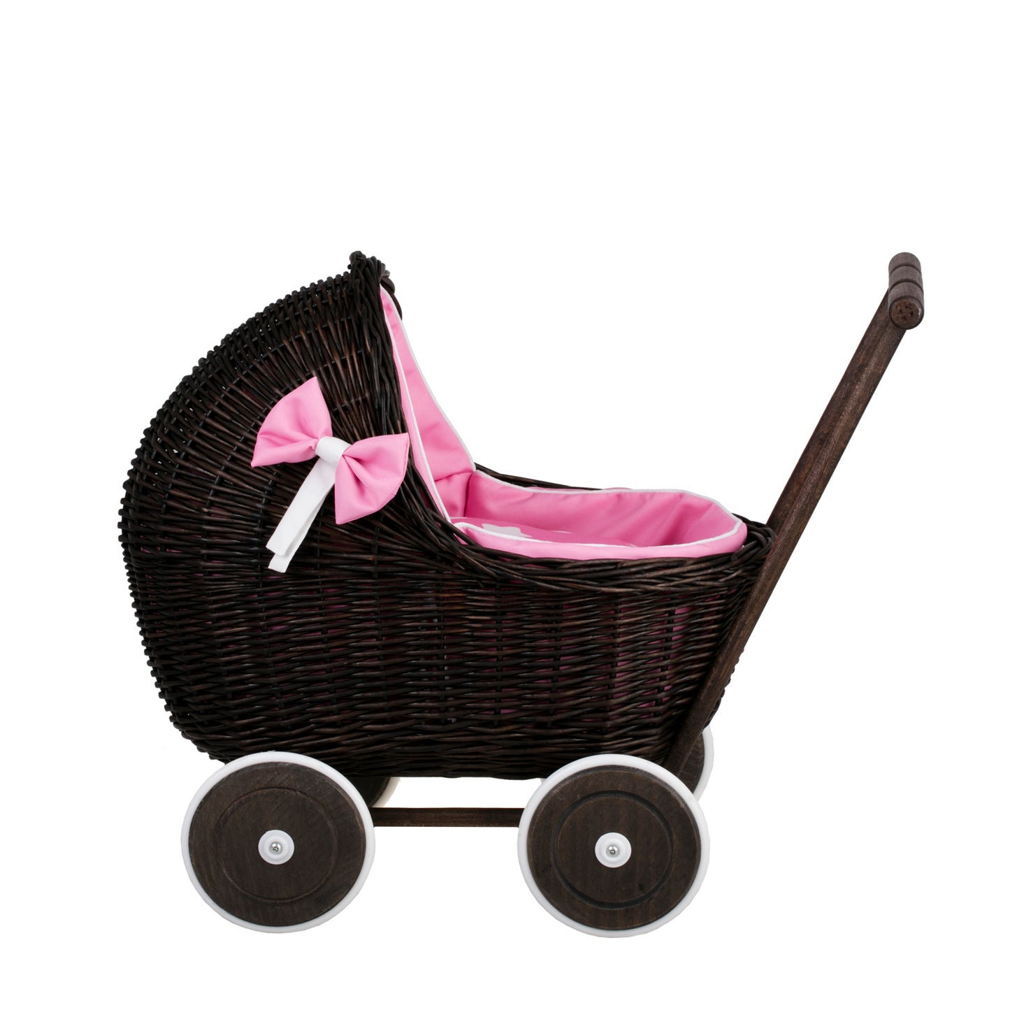 Lili wiklinowy wózek dla lalek z różowym obszyciem, kołderką i poduszką TheWickerStories