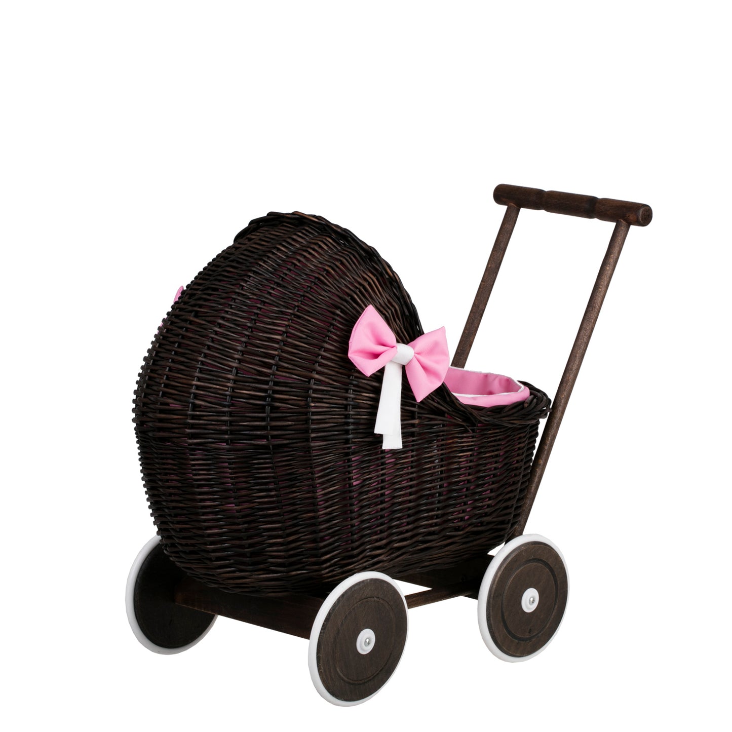 Lili wiklinowy wózek dla lalek z różowym obszyciem, kołderką i poduszką TheWickerStories