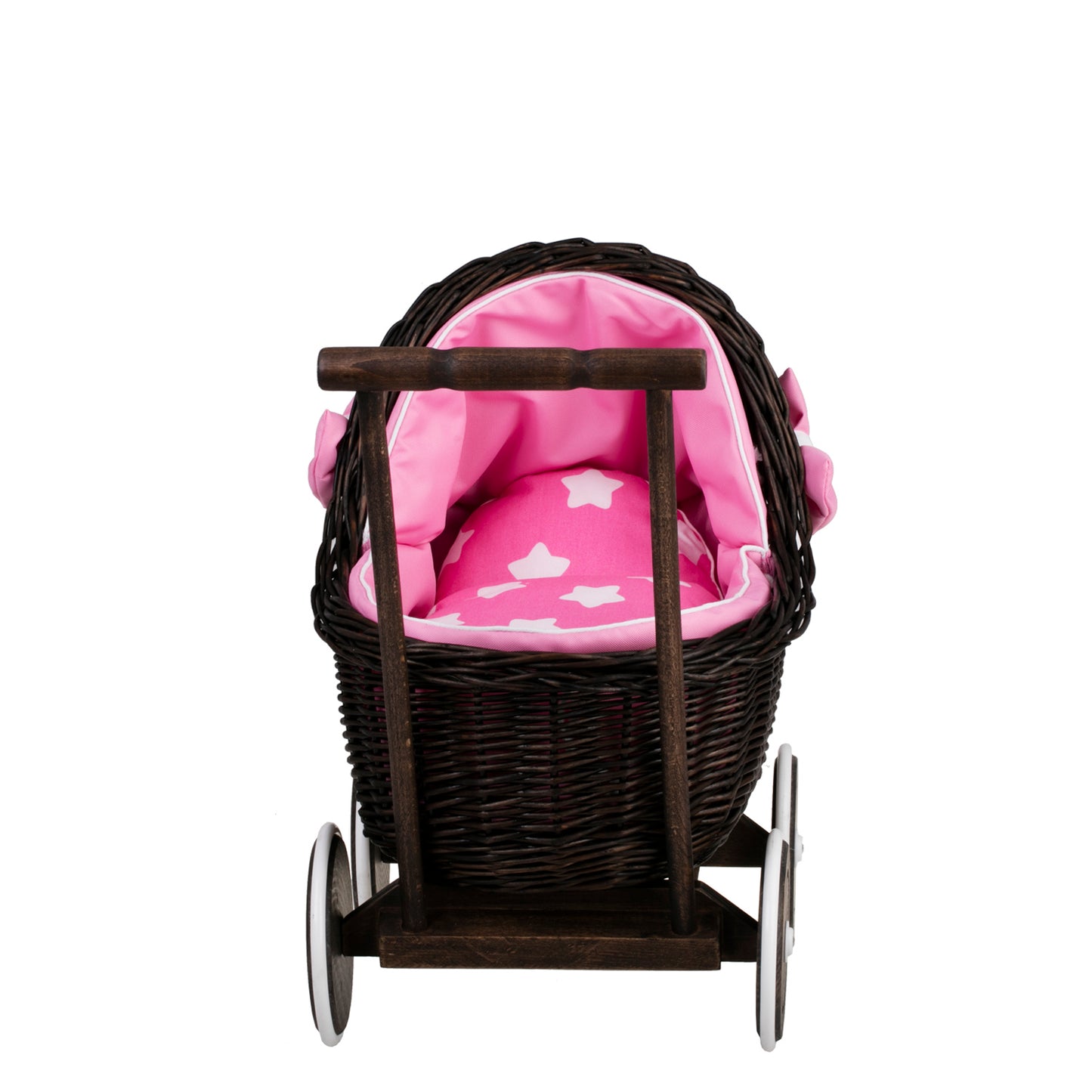 Lili wiklinowy wózek dla lalek z różowym obszyciem, kołderką i poduszką TheWickerStories