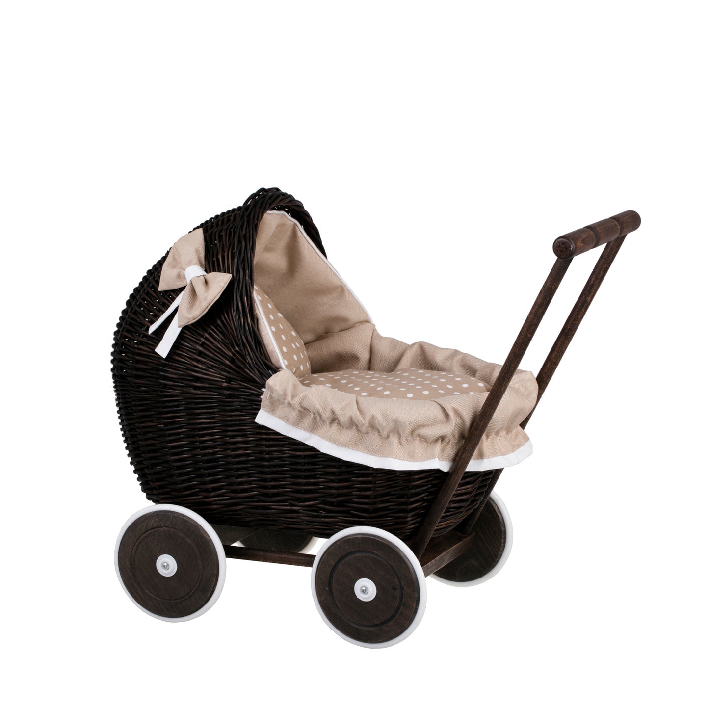 Lili wiklinowy wózek dla lalek z beżowym obszyciem, kołderką i poduszką TheWickerStories