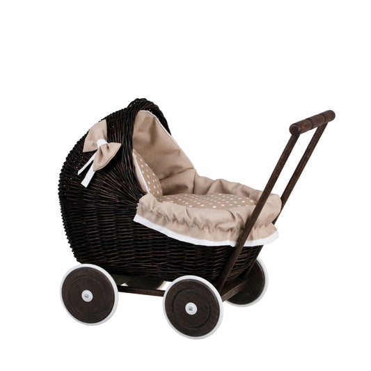Lili wiklinowy wózek dla lalek z beżowym obszyciem, kołderką i poduszką TheWickerStories