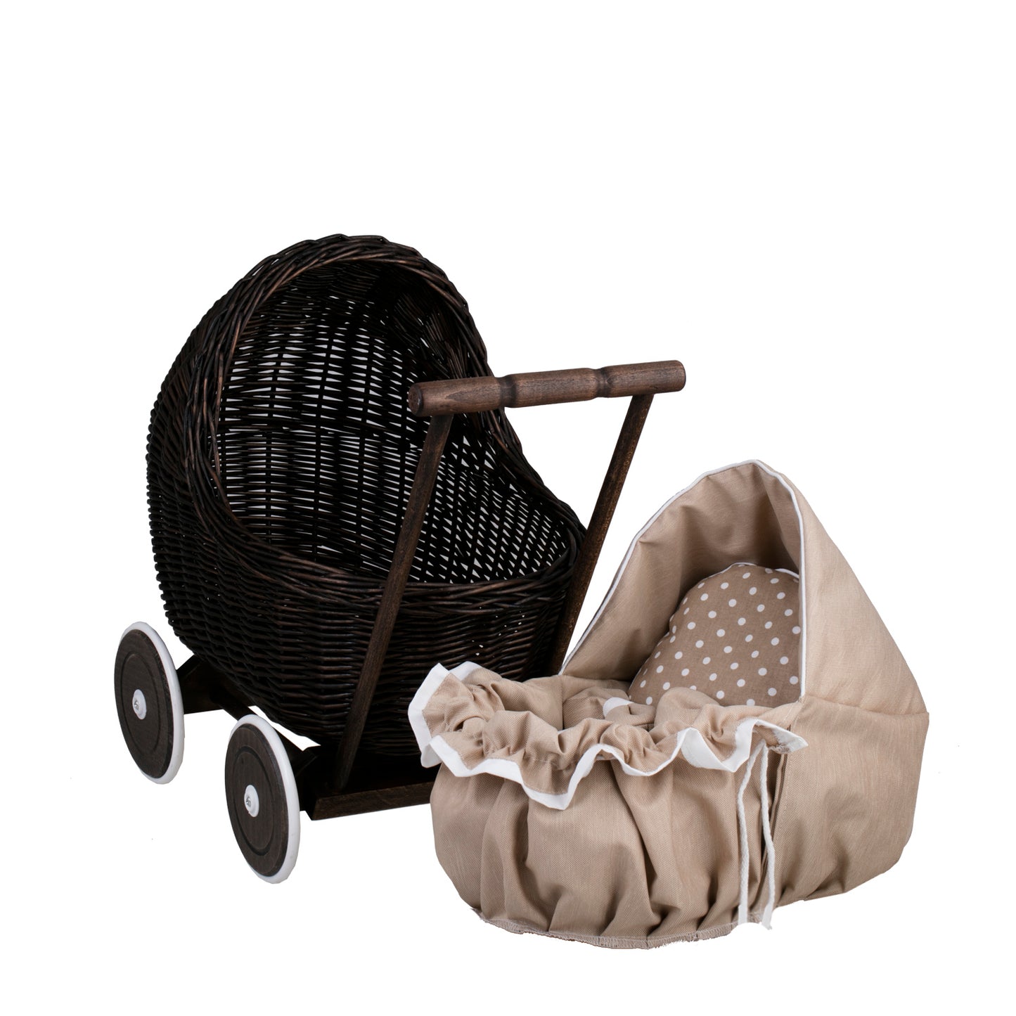 Lili wiklinowy wózek dla lalek z beżowym obszyciem, kołderką i poduszką TheWickerStories
