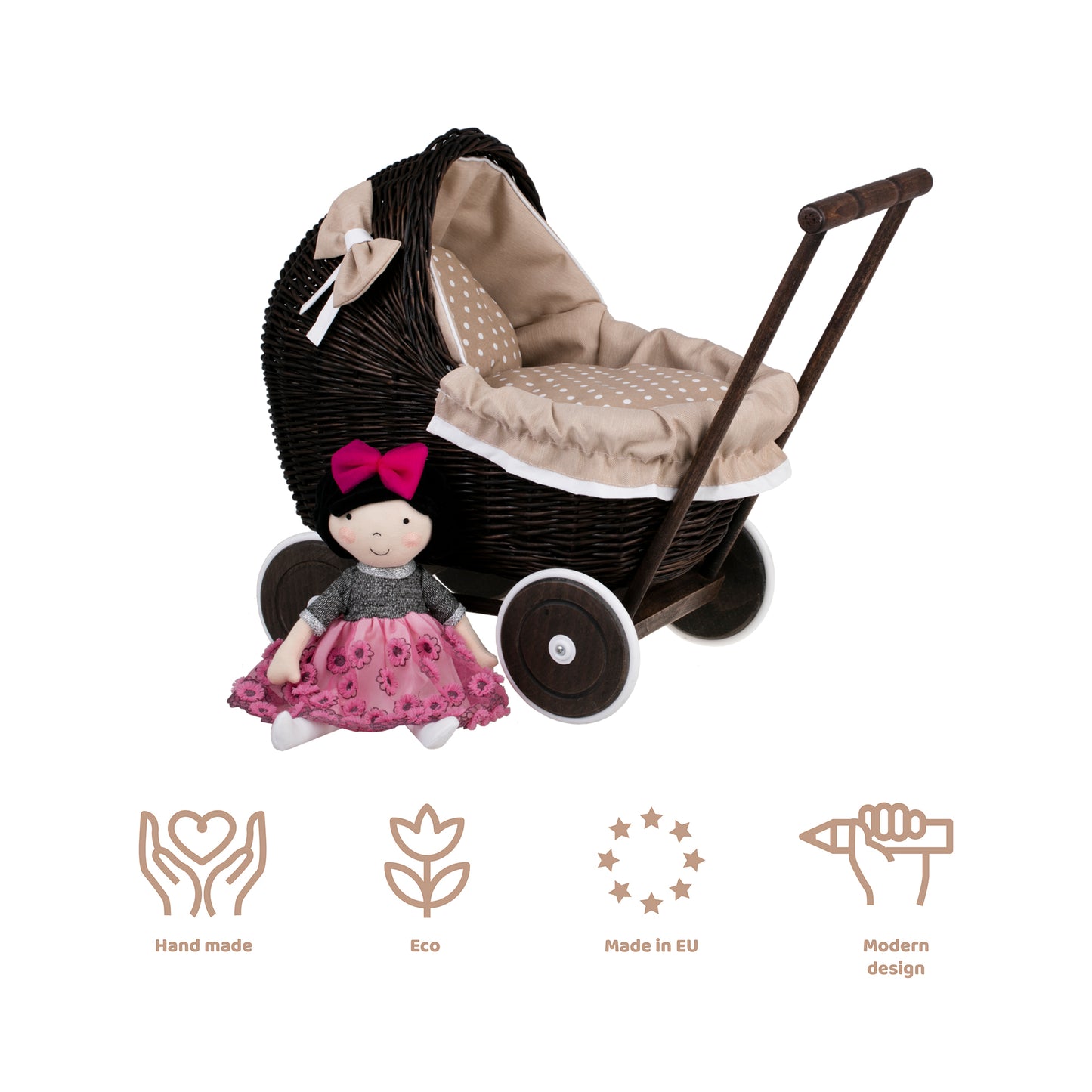 Lili wiklinowy wózek dla lalek z beżowym obszyciem, kołderką i poduszką TheWickerStories