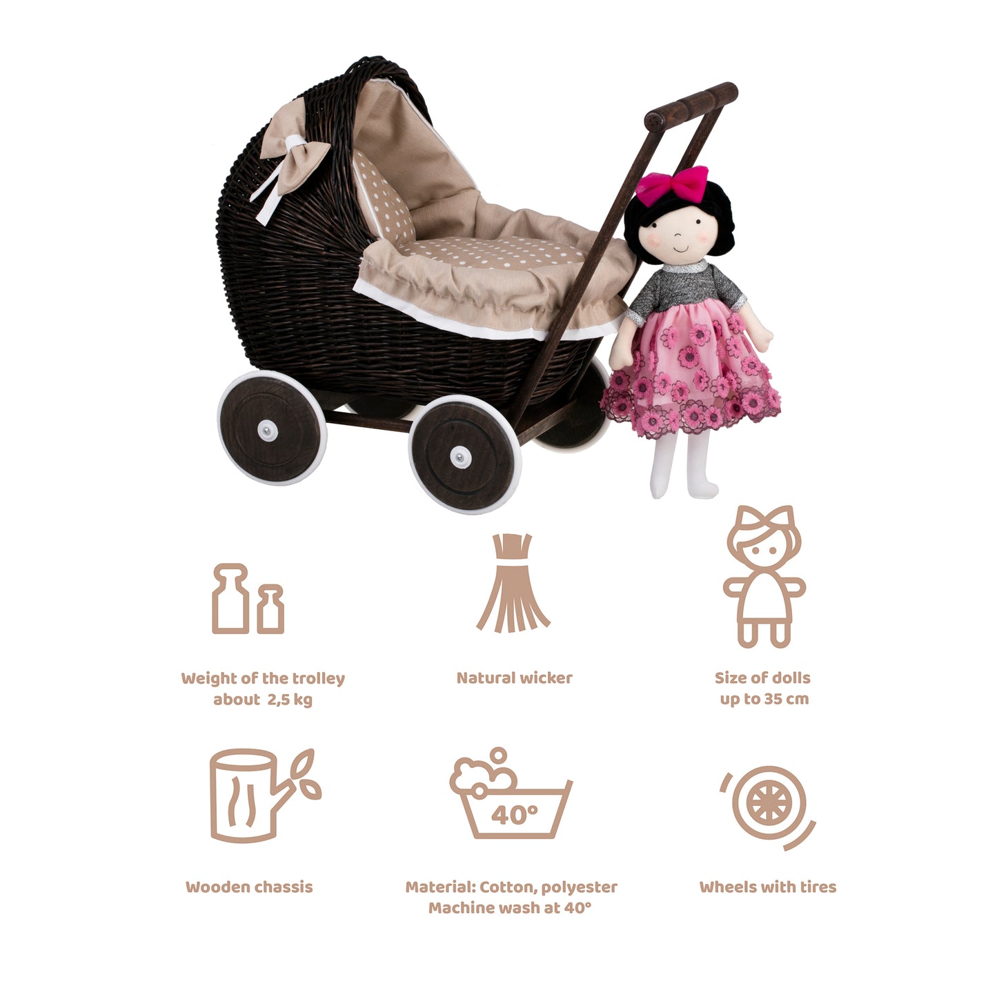 Lili wiklinowy wózek dla lalek z beżowym obszyciem, kołderką i poduszką TheWickerStories