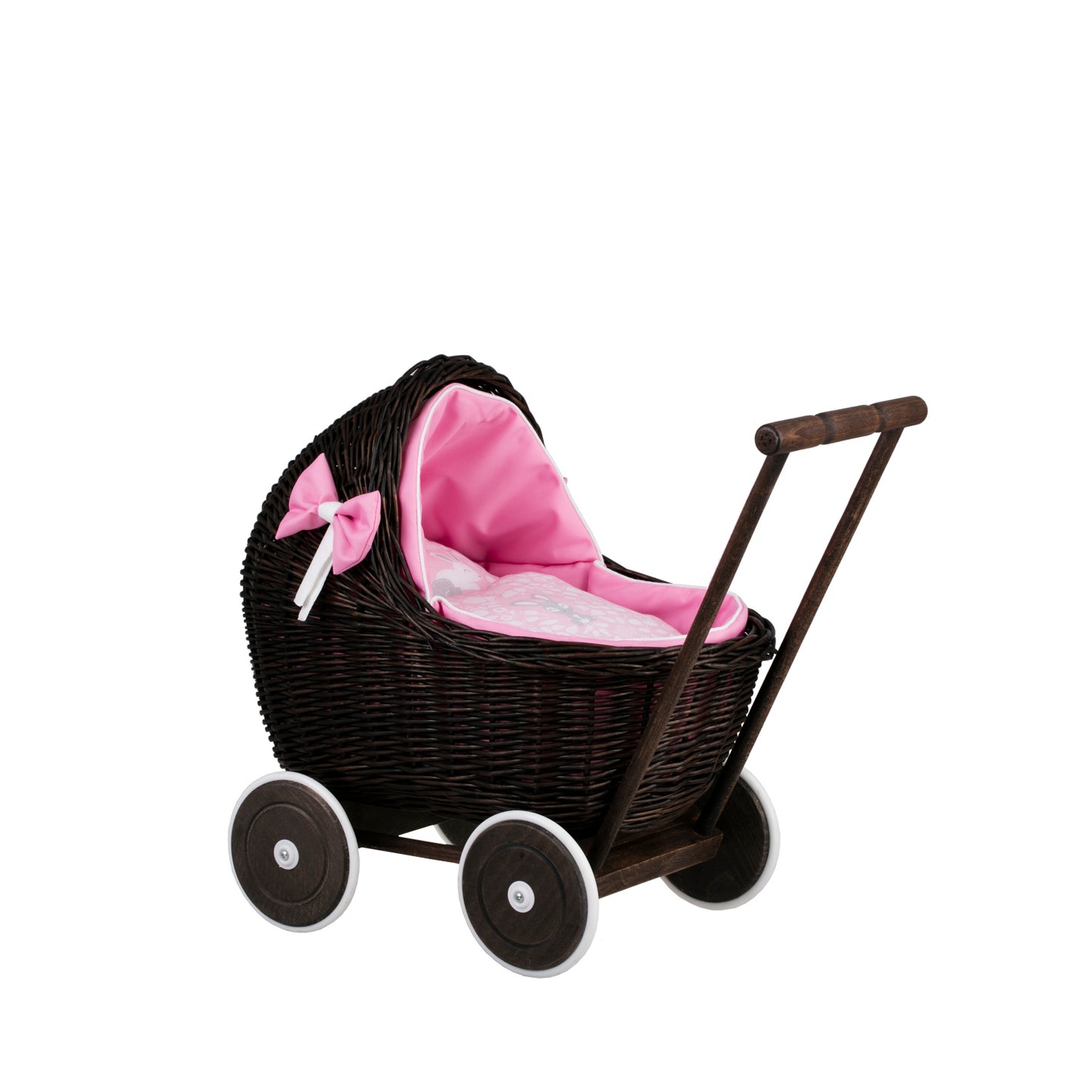 Lili wiklinowy wózek dla lalek z różowym obszyciem, kołderką i poduszką TheWickerStories