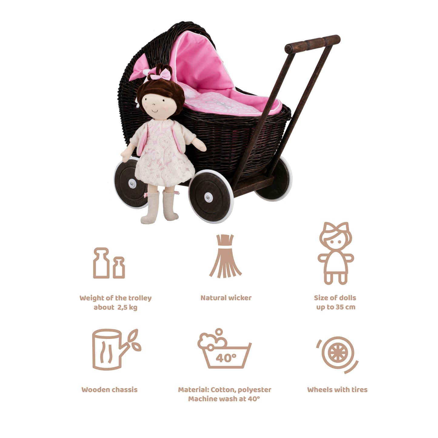 Lili wiklinowy wózek dla lalek z różowym obszyciem, kołderką i poduszką TheWickerStories