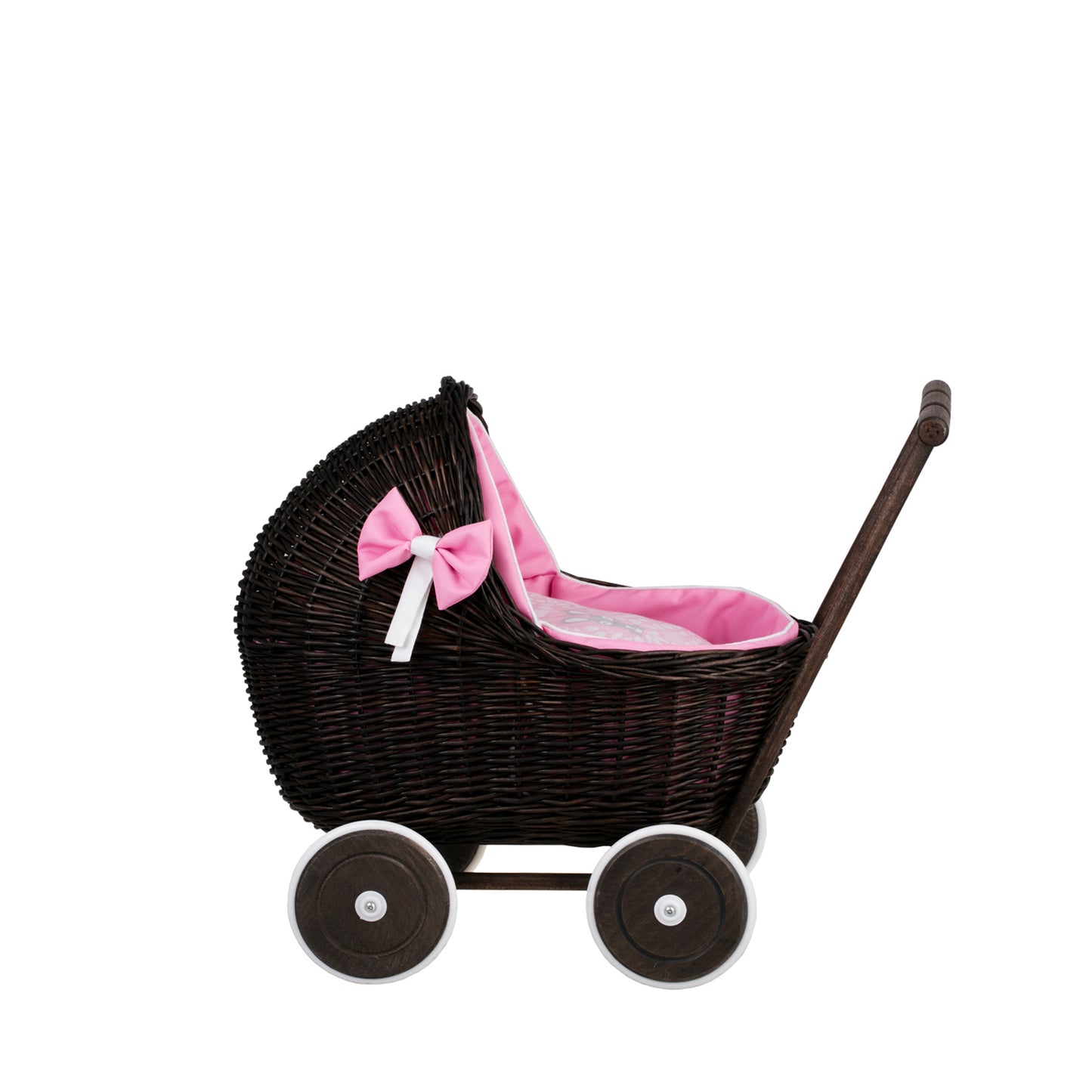 Lili wiklinowy wózek dla lalek z różowym obszyciem, kołderką i poduszką TheWickerStories
