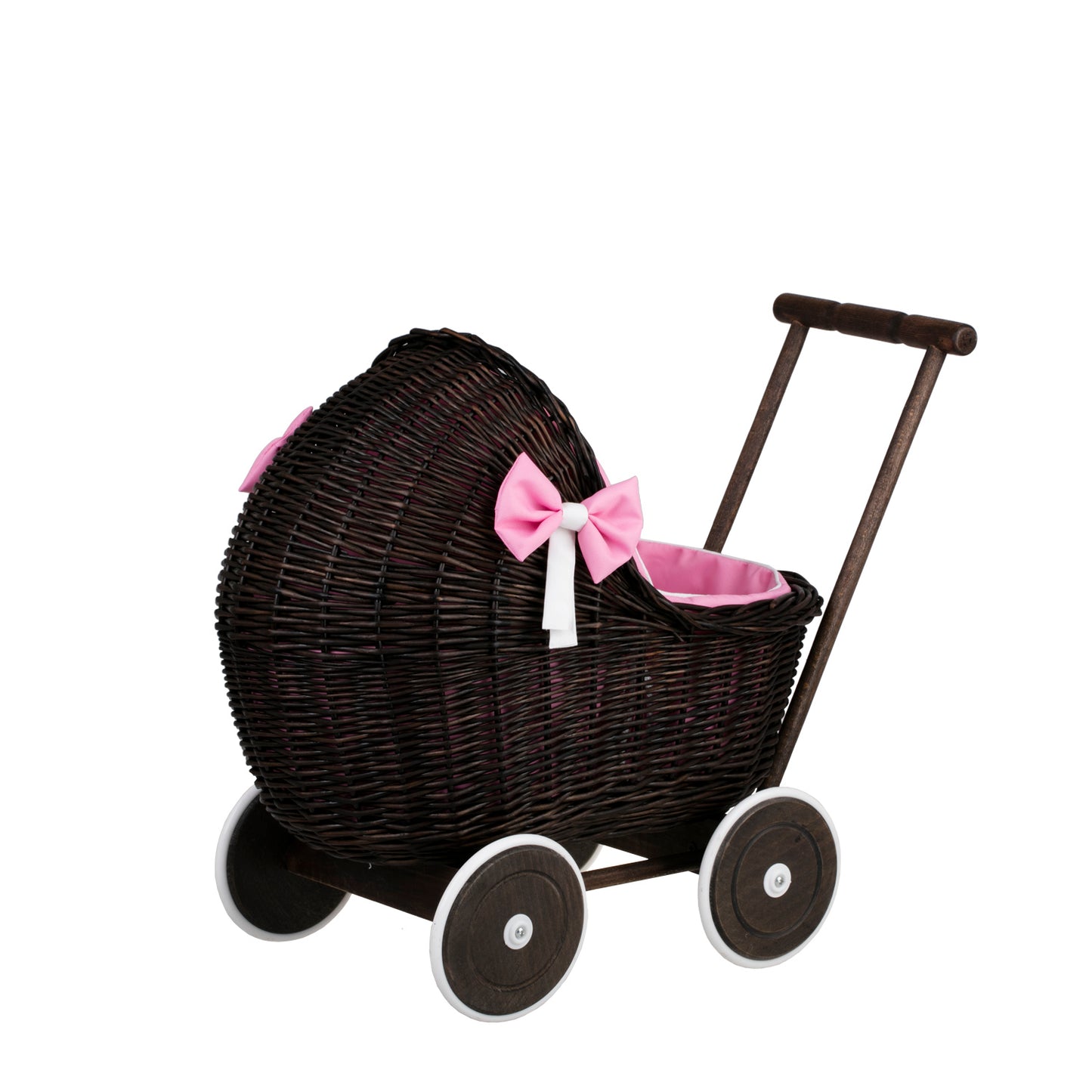 Lili wiklinowy wózek dla lalek z różowym obszyciem, kołderką i poduszką TheWickerStories