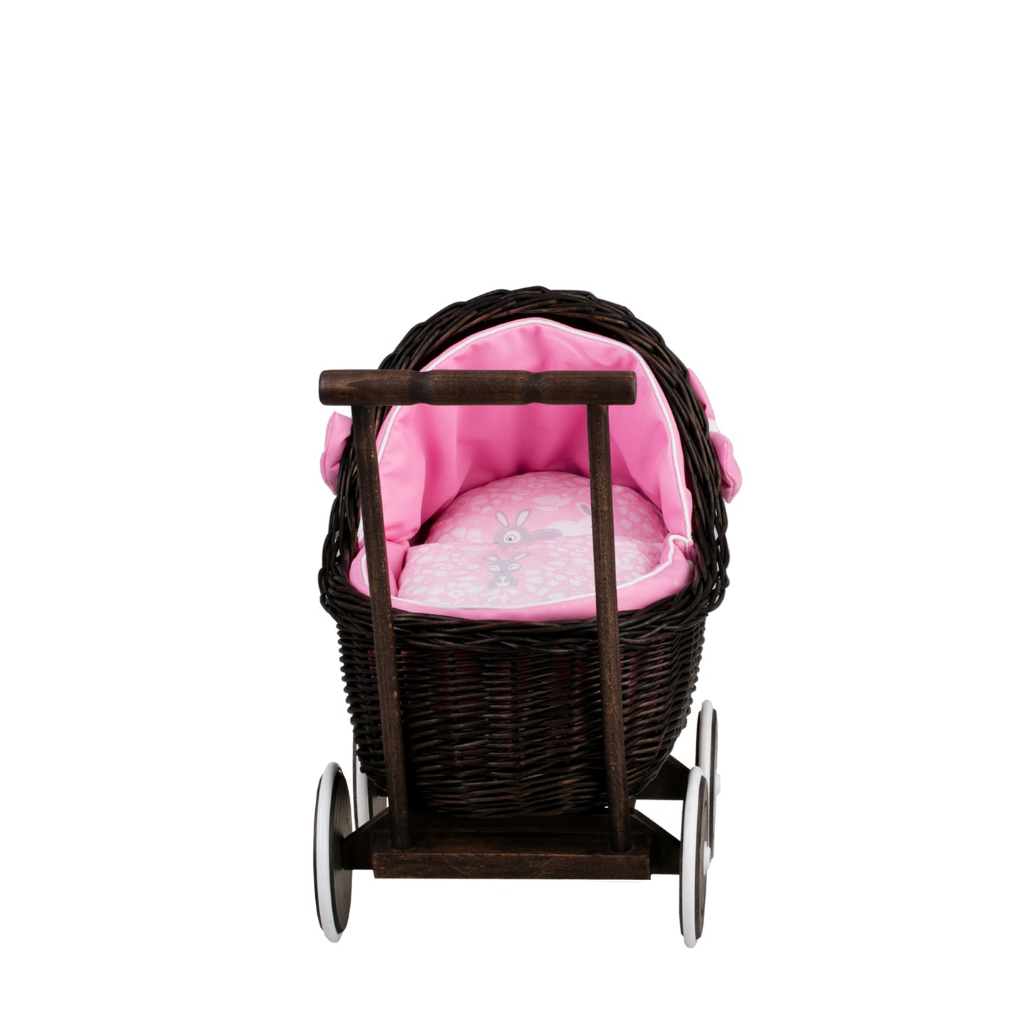 Lili wiklinowy wózek dla lalek z różowym obszyciem, kołderką i poduszką TheWickerStories