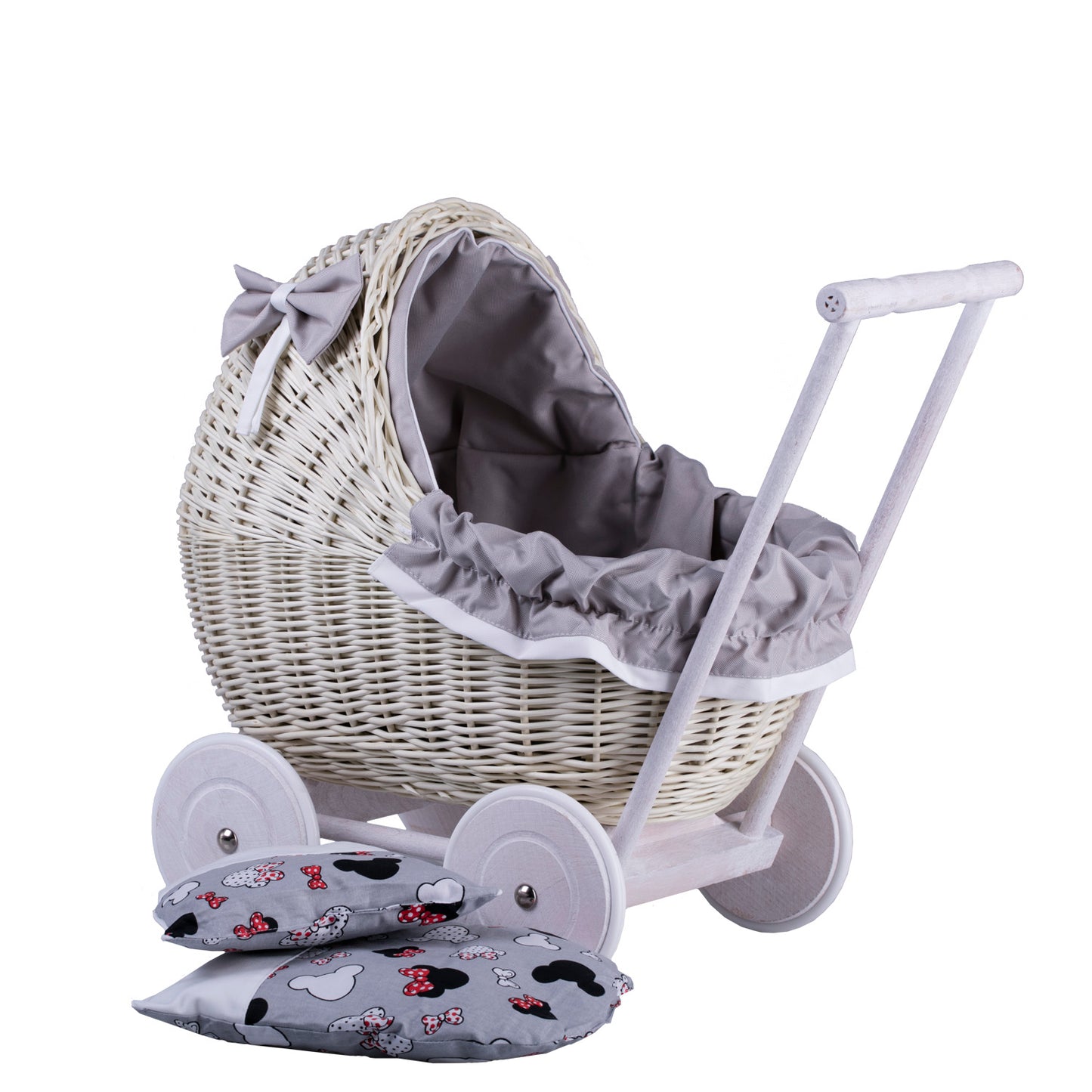 Lili wiklinowy wózek dla lalek z szarym obszyciem, kołderką i poduszką TheWickerStories