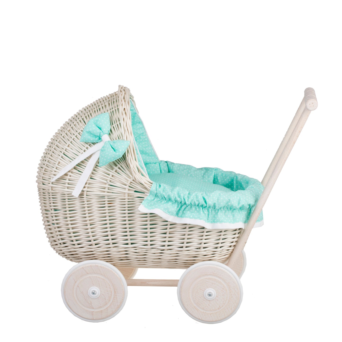 Lili wiklinowy wózek dla lalek z miętowym obszyciem, kołderką i poduszką TheWickerStories