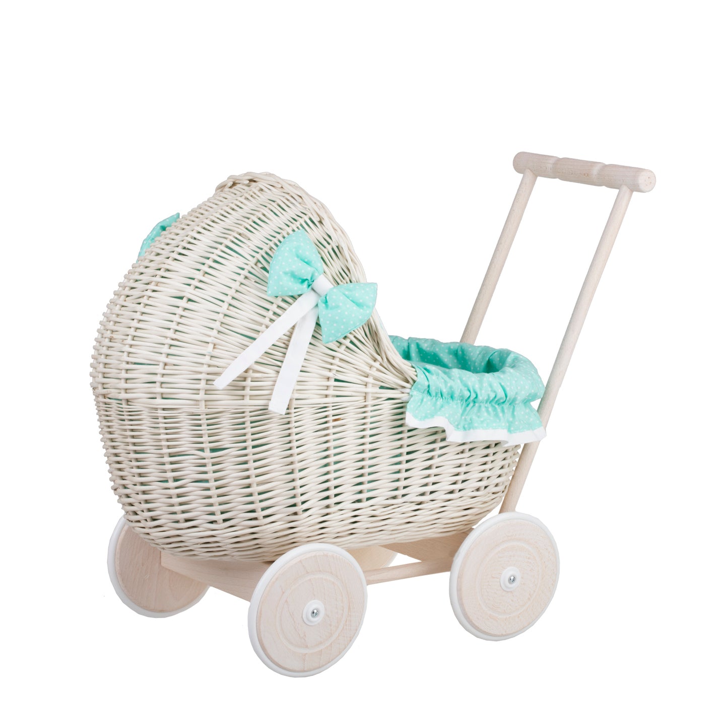 Lili wiklinowy wózek dla lalek z miętowym obszyciem, kołderką i poduszką TheWickerStories