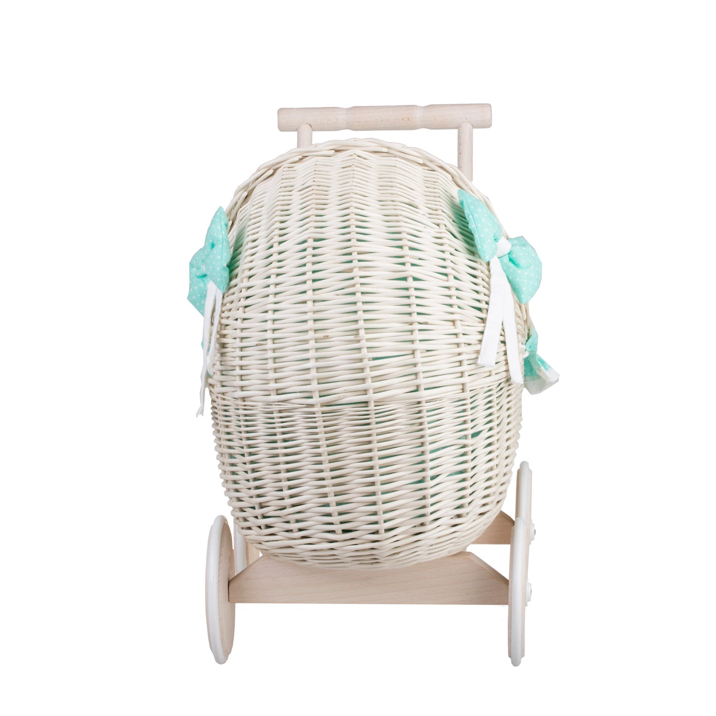 Lili wiklinowy wózek dla lalek z miętowym obszyciem, kołderką i poduszką TheWickerStories