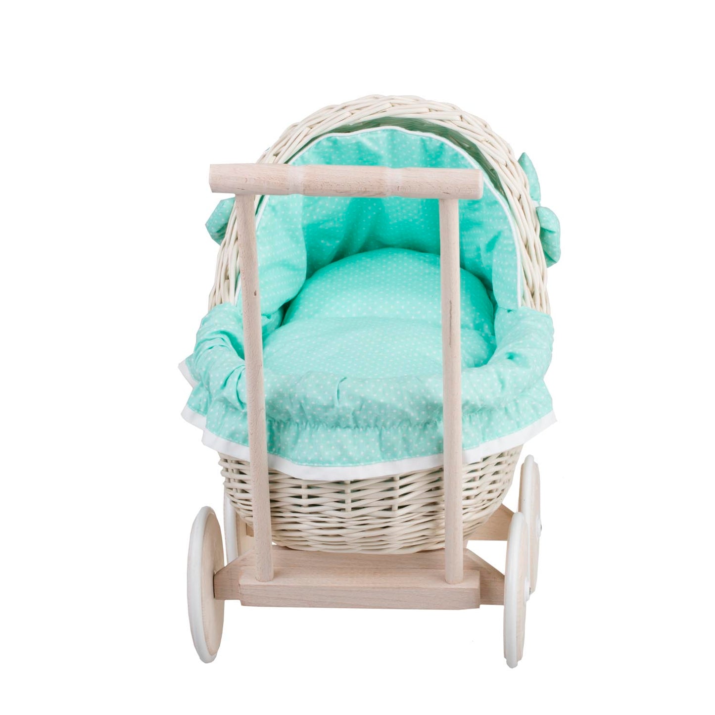 Lili wiklinowy wózek dla lalek z miętowym obszyciem, kołderką i poduszką TheWickerStories