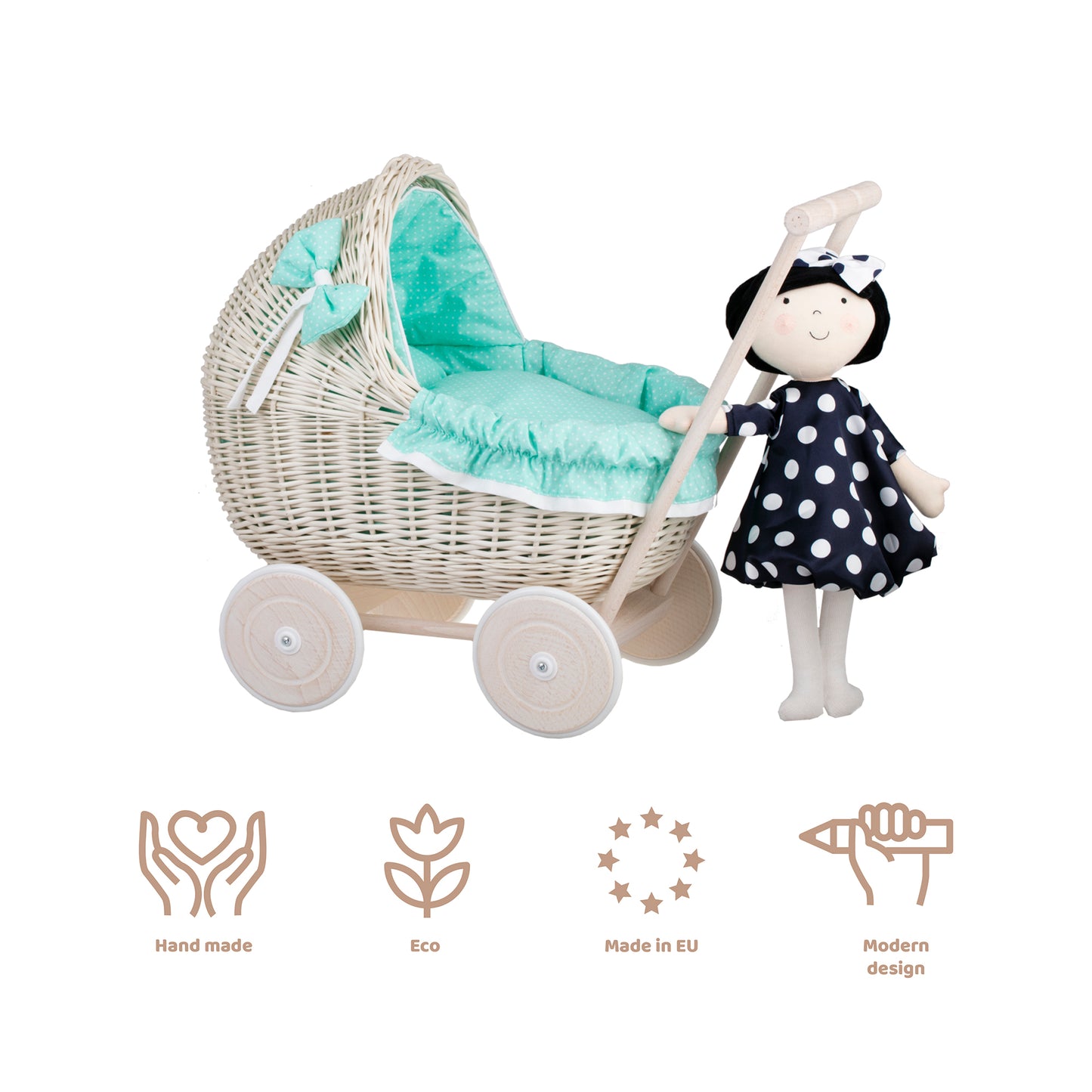Lili wiklinowy wózek dla lalek z miętowym obszyciem, kołderką i poduszką TheWickerStories