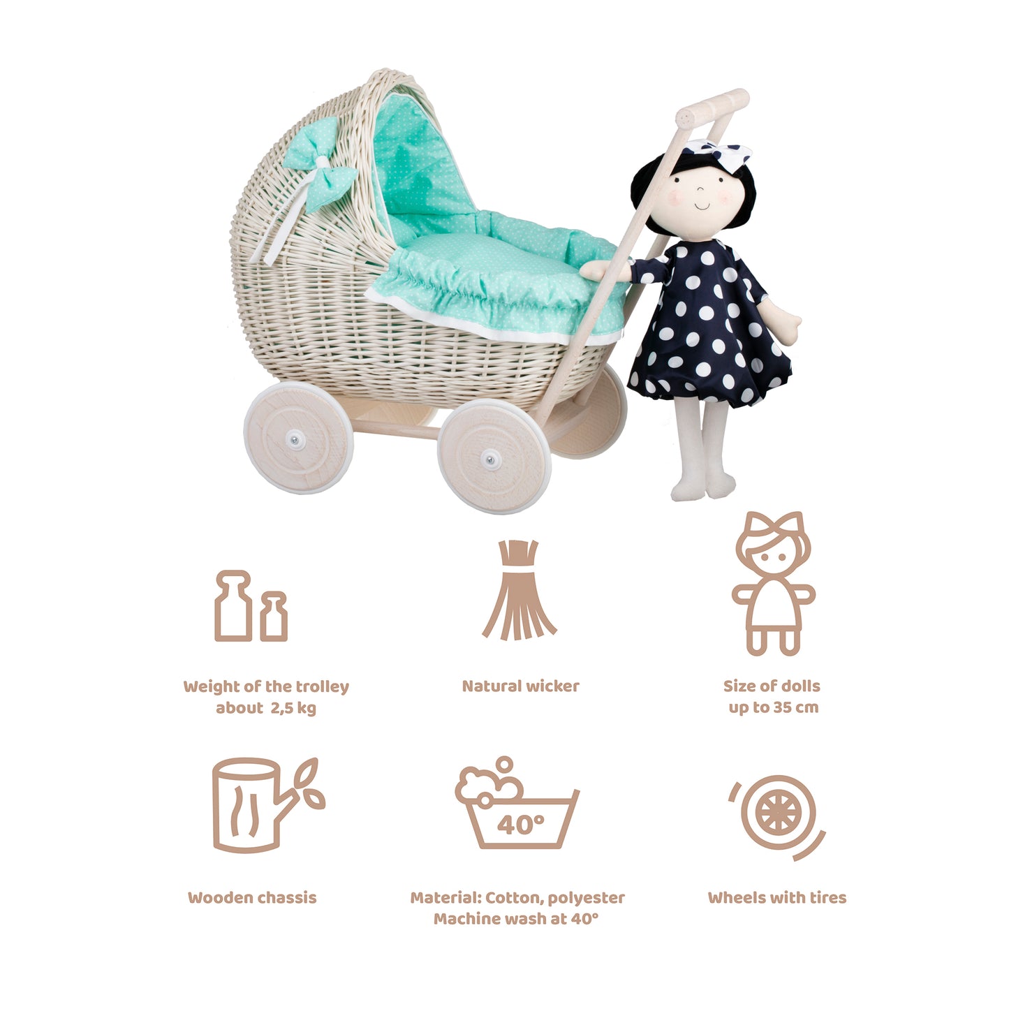Lili wiklinowy wózek dla lalek z miętowym obszyciem, kołderką i poduszką TheWickerStories