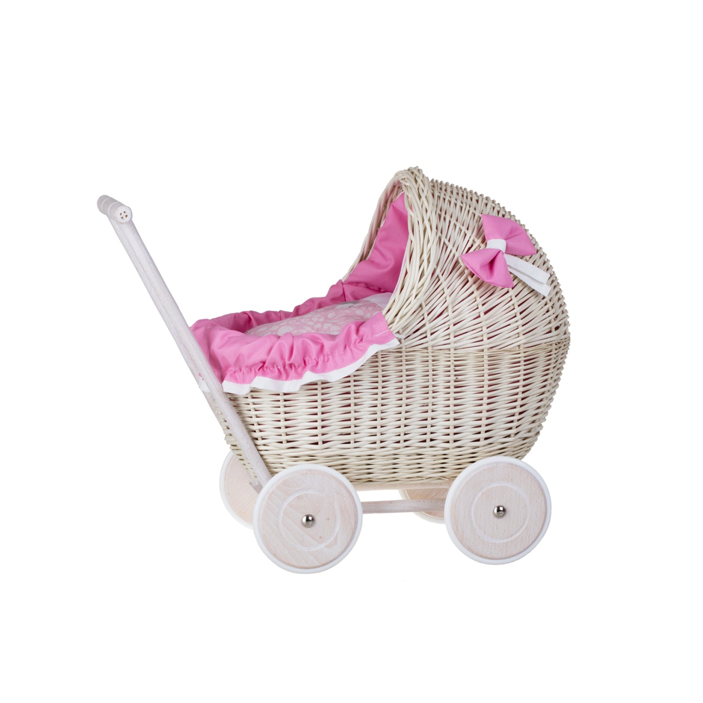 Lili wiklinowy wózek dla lalek z różowym obszyciem, kołderką i poduszką TheWickerStories