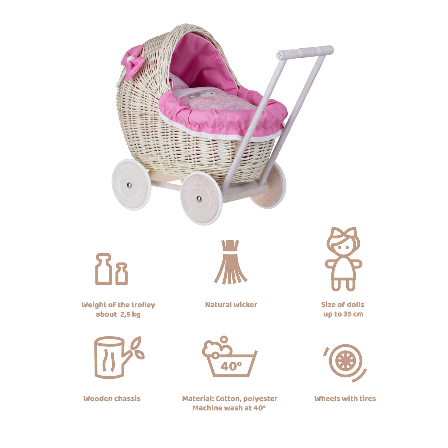 Lili wiklinowy wózek dla lalek z różowym obszyciem, kołderką i poduszką TheWickerStories