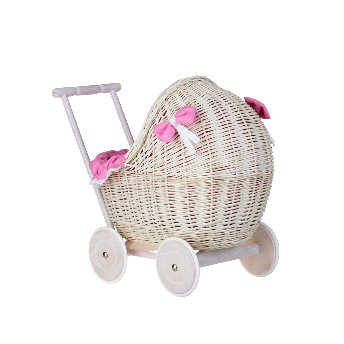 Lili wiklinowy wózek dla lalek z różowym obszyciem, kołderką i poduszką TheWickerStories