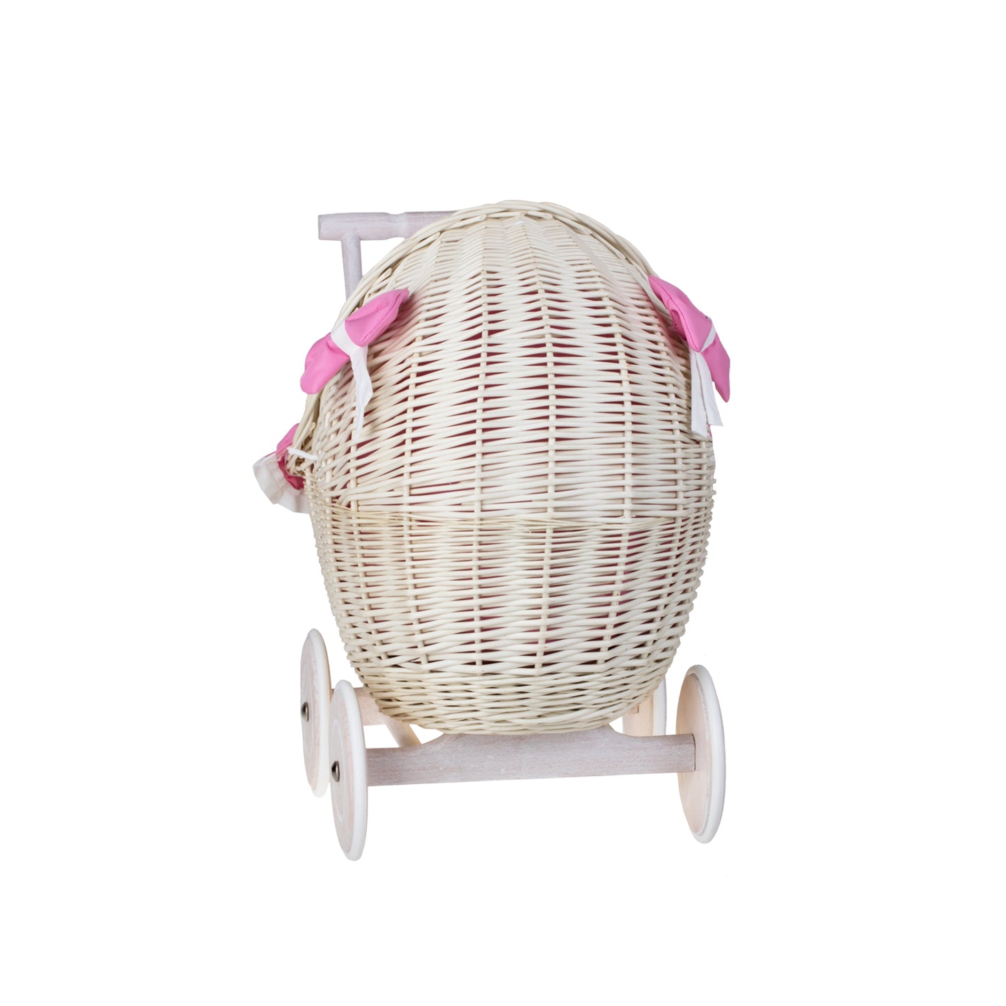 Lili wiklinowy wózek dla lalek z różowym obszyciem, kołderką i poduszką TheWickerStories