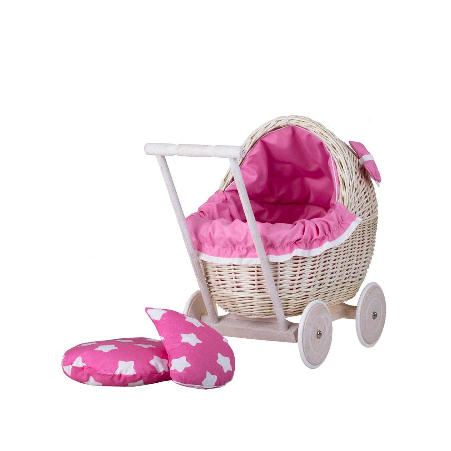 Lili wiklinowy wózek dla lalek z różowym obszyciem, kołderką i poduszką TheWickerStories
