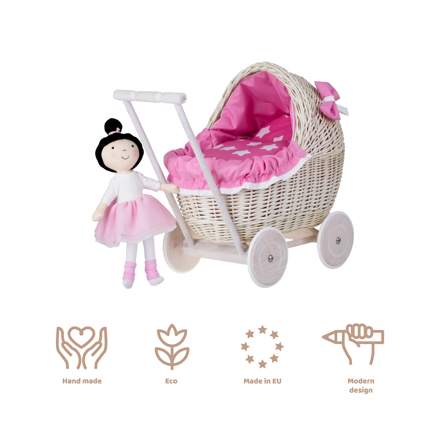 Lili wiklinowy wózek dla lalek z różowym obszyciem, kołderką i poduszką TheWickerStories