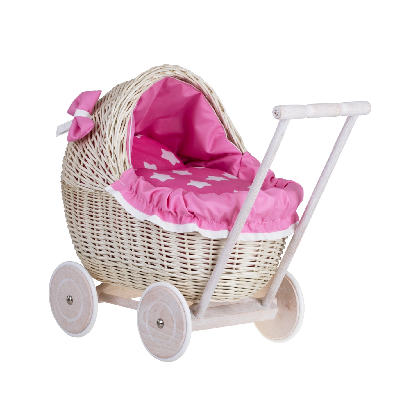 Lili wiklinowy wózek dla lalek z różowym obszyciem, kołderką i poduszką TheWickerStories