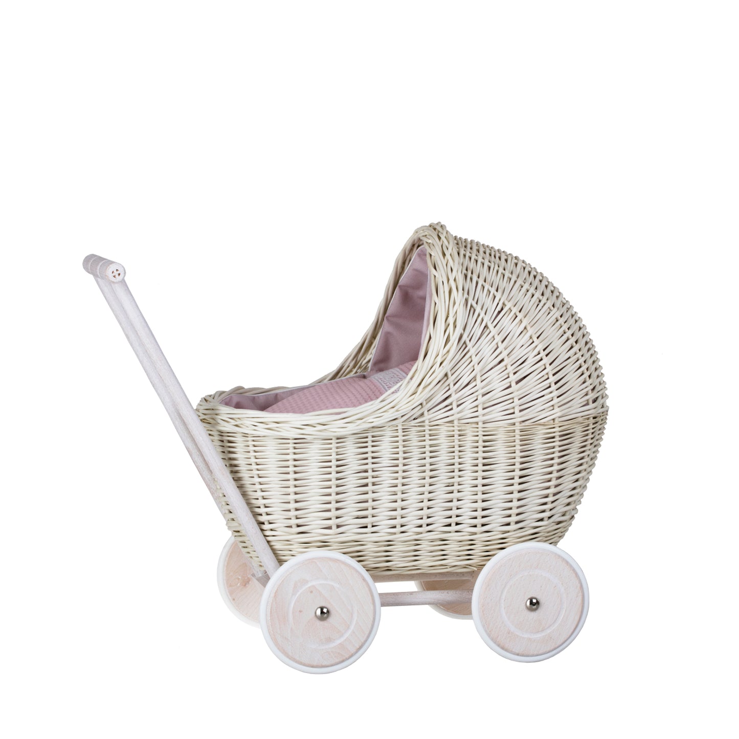 Lili wiklinowy wózek dla lalek z różowym obszyciem, kołderką i poduszką TheWickerStories