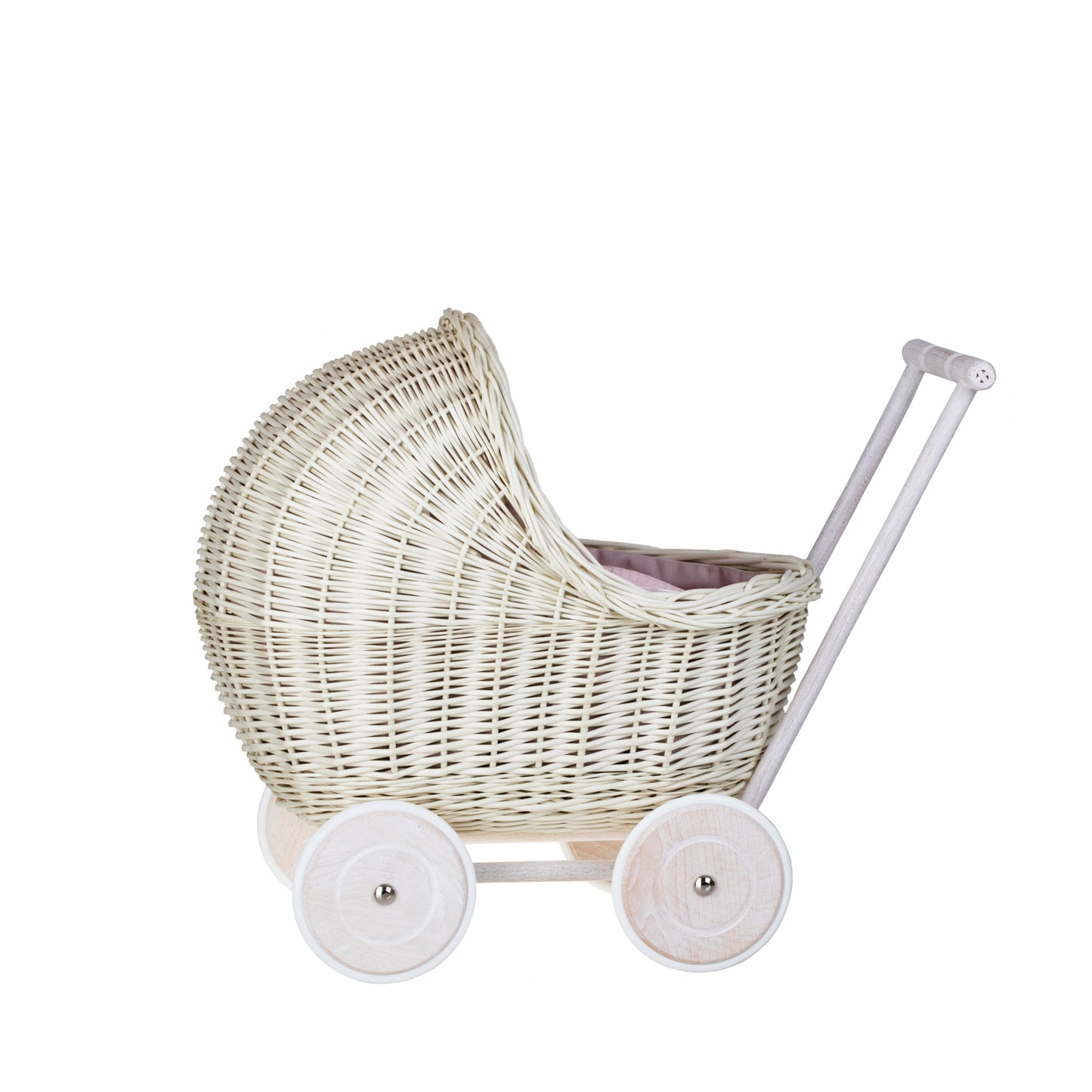 Lili wiklinowy wózek dla lalek z różowym obszyciem, kołderką i poduszką TheWickerStories